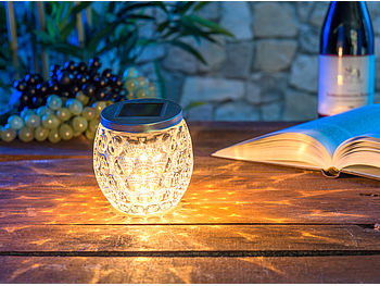 Lunartec Solar Tischleuchte: 4er-Set Solar-LED-Windlichter aus Glas, mit Lichtmuster, IP44, Ø 10 cm (Solar Teelicht Leuchten)