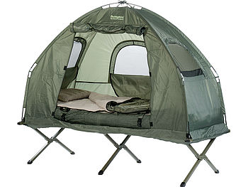 Semptec Zelt mit Bett: 4in1-Zelt mit Feldbett, Winter-Schlafsack, Versandrückläufer (Feldbett mit Zelt wasserdicht)