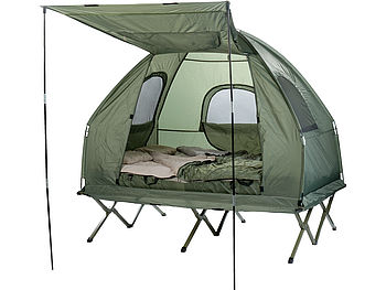 Semptec Campingbett 2 Personen: 4in1-Doppelzelt, Feldbett, 2 Winterschlafsäcke, Matratze, Sonnenschutz (Campingbett mit Matratze)