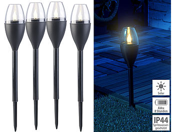 Lunartec Solarfackeln: 4er-Set Solar-Akku-Gartenfackeln, LED in Flammen-Optik, Flackerlicht (Flammen Solarleuchten)