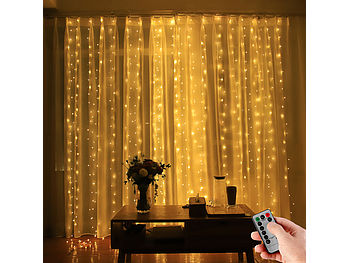 Lunartec LED Vorhang: LED-Lichtervorhang, 300 LED, Fernbedienung, 3x3m, warmweiß, Timer, USB (Lichtervorhang Fenster)