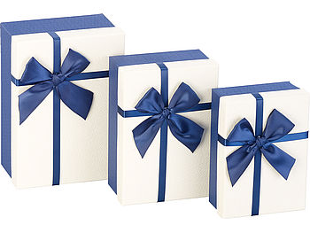 Your Design Geschenkbox Schmuck: 3er-Set edle Geschenk-Boxen mit blauer Schleife, 3 verschiedene Größen (Geschenkverpackungen Geburtstag)