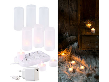 Lunartec LED Kerze USB aufladbar: 6 Akku-LED-Teelichter, flackernde Flamme, Acrylgläser, Ladestation (wiederaufladbare LED Kerzen)
