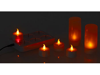 Lunartec LED Kerze USB aufladbar: 6 Akku-LED-Teelichter, flackernde Flamme, Acrylgläser, Ladestation (wiederaufladbare LED Kerzen)