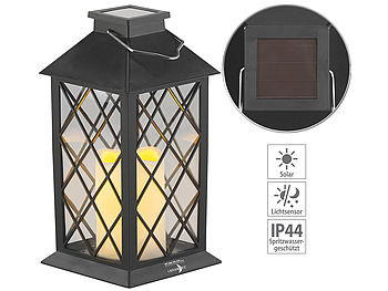 Lunartec Solarlaternen: Solar-Laterne mit Deko-Kerze und Flammen-Effekt-LED, Dämmerungs-Sensor (Solar-Laterne mit Flacker-Kerze)