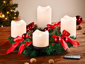 Britesta Adventkranz LED: Adventskranz mit weißen LED-Kerzen, rot geschmückt (Adventsgesteck mit LED Kerzen)