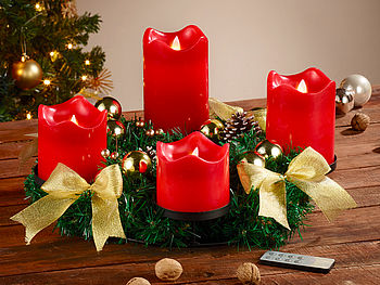 Britesta Künstlicher Adventskranz: Adventskranz, golden, 4 rote LED-Kerzen mit bewegter Flamme (Adventsgesteck)