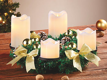 Britesta Adventskranzkerzen LED: Adventskranz, golden, 4 weiße LED-Kerzen mit bewegter Flamme (Adventskranz modern LED)
