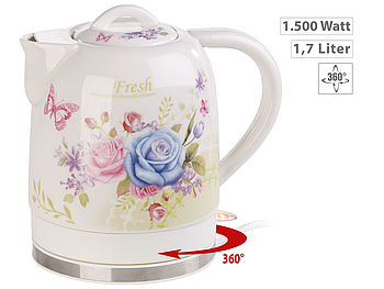 Rosenstein & Söhne Wasserkocher Blumen: Keramik-Wasserkocher mit Blumenmuster, 1,7 Liter, 1.500 Watt (Porzellan Wasserkocher)