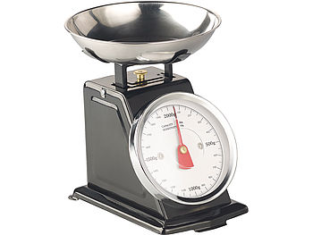 Rosenstein & Söhne Mechanische Küchenwaage: Analoge Retro-Küchenwaage bis 2 kg mit Tara-Funktion, schwarz, Metall (Retro Waage Küche)