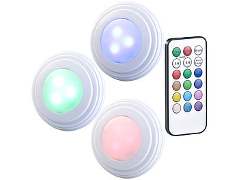 Lunartec LED Schrankbeleuchtung: 3er-Set RGB+W-LED-Unterbauleuchten, Fernbedienung, Timer, erweiterbar (Spots)