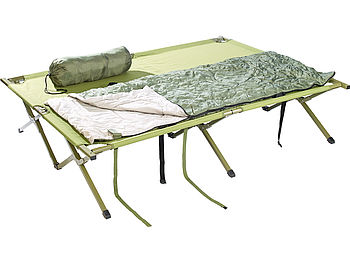 Semptec Feldbett: 4in1-Doppelzelt/2 Schlafsäcken, Matratze, Liege & Kissen (refurbished) (Doppel Feldbett mit Matratze)