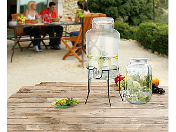 PEARL Getränkespender Bar: 2er-Set Retro Getränkespender aus Glas mit Zapfhahn, 3,5 l & 6,5 l (Getränkespender Glas mit Ständer)