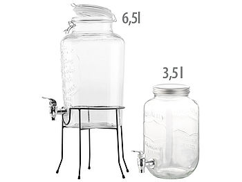 PEARL Glas-Kanister mit Hahn: 2er-Set Retro Getränkespender aus Glas mit Zapfhahn, 3,5 l & 6,5 l (Getränkespender Glas mit Ständer)