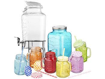 PEARL Trinkgläser mit Deckel: 2er-Set Getränkespender mit 6 Gläsern, 4 l & 6,5 l, Einmachglas-Look (Trinkglas-mit-Deckel-Sets)
