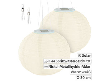 Lunartec Solarlampions: 2er-Set Solar-LED-Lampions, Dämmerungs-Sensor, IP44, warmweiß, Ø 30 cm (Gartenlampion)