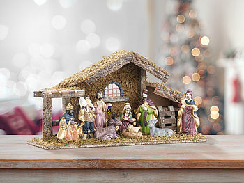 Britesta Krippe: Hochwertige Holz-Weihnachtskrippe, große handbemalte Porzellan-Figuren (Holzkrippe Weihnachten)