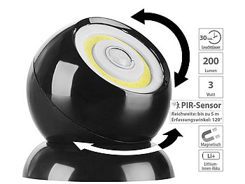 Luminea Bewegungsmelder LED: Ultrahelle COB-LED-Akku-Leuchte mit PIR-Sensor, 200 Lumen, schwarz (Akku Lampe mit Bewegungsmelder)