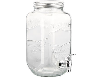 PEARL Wasserspender Glas: Retro-Getränkespender aus Glas, Einmachglas-Look, Zapfhahn, 3,5 Liter (Wasserspender mit Hahn)