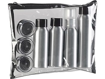 Sichler Beauty Reisebehälter Kosmetik: Reise-Reißverschluss-Tasche mit 7 Alu-Behältern fürs Reisegepäck (Reise Kosmetik Behälter)