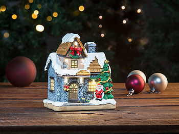 infactory Weihnachtsdorf Deko: Deko-Weihnachtshaus mit Santa Claus, LED- Beleuchtung, Batteriebetrieb (Weihnachtsdorf beleuchtet)