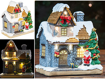 infactory Weihnachtsdorf Deko: Deko-Weihnachtshaus mit Santa Claus, LED- Beleuchtung, Batteriebetrieb (Weihnachtsdorf beleuchtet)