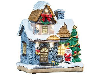 infactory Weihnachtsdorf Deko: Deko-Weihnachtshaus mit Santa Claus, LED-Beleuchtung, Batteriebetrieb (Weihnachtsdorf beleuchtet)