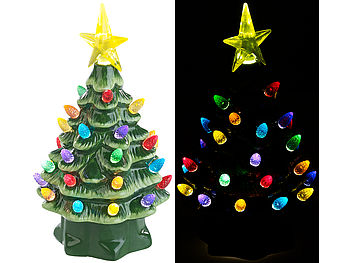 infactory Tannenbaum Keramik: 2 Deko-Weihnachtsbäume aus Keramik mit LED-Beleuchtung, Timer, 19 cm (Keramik Tannenbaum mit Beleuchtung)