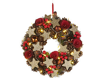 Britesta Weihnachtstürkranz: Weihnachtskranz, 20 warmweiße LEDs, Timer, batteriebetrieben, 28 cm (Beleuchteter Türkranz mit Timer)