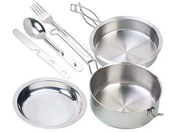 Semptec Camping Kochset: 6-teiliges Edelstahl-Camping-Kochgeschirr-Set mit Besteck (Camping Topf)