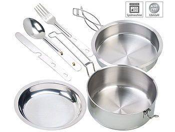 Semptec Camping Kochset: 6-teiliges Edelstahl-Camping-Kochgeschirr-Set mit Besteck (Camping Topf)