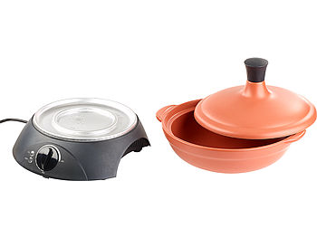 Rosenstein & Söhne Schmortopf elektrisch: Elektrischer Tajine-Tontopf mit Deckel, Ø 30 cm, 2 Liter, 300 Watt (Tontopf Küche)