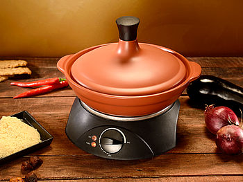 Rosenstein & Söhne Schmortopf elektrisch: Elektrischer Tajine-Tontopf mit Deckel, Ø 30 cm, 2 Liter, 300 Watt (Tontopf Küche)