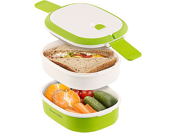 Rosenstein & Söhne Lunchbox mit 2 Fächern: 2er-Set Lunchbox, 2 Etagen, Tragegriff, Clip-Deckel, 700 ml (Kunststoff-Dose)