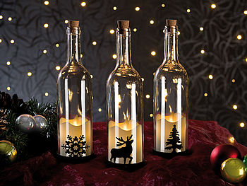 Lunartec Flaschen Dekorieren: Deko-Glasflasche mit LED-Kerze, bewegliche Flamme, Schneeflocken-Motiv (Flaschen weihnachtlich Dekorieren)
