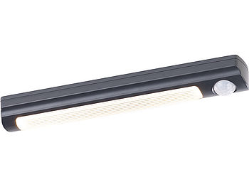 Luminea LEDleuchte: 4er-Set Batterie-LED-Schrankleuchten, PIR- & Lichtsensor, 0,6W, 3000 K (LED Schrankleuchte mit Sensor)