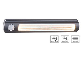 Luminea Schranklampe Batterie: Batterie-LED-Schrankleuchte, PIR- & Lichtsensor, 0,6 W, 25 Lm, 3000 K (Schrankbeleuchtung Batterie)