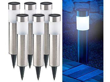 Lunartec Solar Gartenleuchte: 6er-Set elegante Edelstahl-Solar-LED- Wegeleuchten, mit Lichtsensor (Solar Gartenleuchten mit Erdspieß)