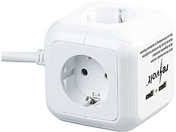 revolt Steckerwürfel: 4-fach-Steckdosen-Würfel mit 2 USB-Ladeports und Halterung (Steckdosenwürfel ohne Kabel)