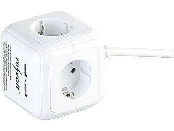 revolt Steckerwürfel: 4-fach-Steckdosen-Würfel mit 2 USB-Ladeports und Halterung (Steckdosenwürfel ohne Kabel)