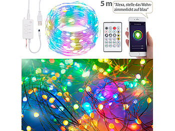 Luminea Home Control WLAN Lichterkette: RGB-LED-Lichterdraht mit Musik-Steuerung, WLAN und App, USB, 5 m (RGB Lichterkette)