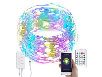 Luminea Home Control Lichterkette mit Musik: RGB-LED-Lichterdraht mit Musik-Steuerung, WLAN und App, USB, 10 m (Lichterkette musikgesteuert)