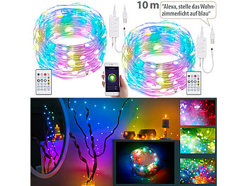 Luminea Home Control Lichterkette dimmbar: 2er RGB-LED-Lichterdraht mit Musik-Steueurung, WLAN und App, USB, 10 m (LED Lichterkette Sprachsteuerung)