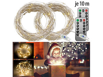 Lunartec USB Lichterkette: 2er-Set USB-LED-Lichterdraht, 100 LEDs, 8 Modi, 10 m, warmweiß (LED Lichterkette USB)