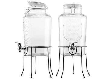 PEARL Glasgetränkespender: 2er-Set Retro-Getränkespender aus Glas mit Ständer, Zapfhahn, 6, Liter (Wasserspender Glas mit Zapfhahn)