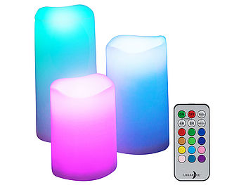 Lunartec LED Tischlampen: 3er-Set dimmbare RGB-LED-Kerzen mit Timer & Fernbedienung, bunt, IP44 (Elektrokerzen)