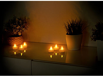 Britesta LED-Kerzen-Teelicht: 6er-Set LED-Teelichter, täuschend echte flackernde Flamme, Timer, IP44 (LED-Teelichter mit Timer außen)
