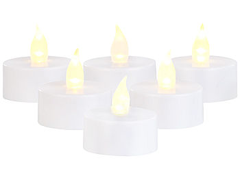 Britesta LED-Kerzen-Teelicht: 6er-Set LED-Teelichter, täuschend echte flackernde Flamme, Timer, IP44 (LED-Teelichter mit Timer außen)