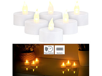 Britesta LED-Kerzen-Teelicht: 6er-Set LED-Teelichter, täuschend echte flackernde Flamme, Timer, IP44 (LED-Teelichter mit Timer außen)