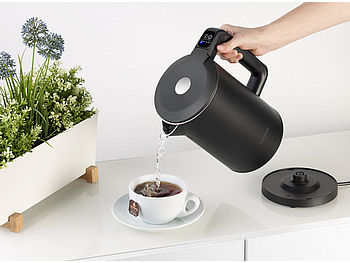 Rosenstein & Söhne Design-Wasserkocher: Edelstahl-Wasserkocher, Temperaturwahl, Warmhaltefunktion, LED, 1,5 l (Elektronischer Wasserkocher)